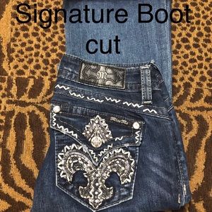 Miss Me Jeans, 25 x 34, color Blue with grey thread design and rhinestones.